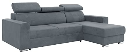MEBLINI Schlafcouch mit Bettkasten - Ecksofa mit Schlaffunktion - Sofa mit Relaxfunktion und Kopfstützen - Couch L-Form - Eckcouch - Wohnlandschaft - Voss - 242x168x79cm Rechts - Grau Samt