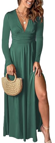 QUNERY Vestiti Casual da Donna Vestiti Scollo a V Maniche Lunghe Abito Lungo Elegante per Autunno Invernali Verde M