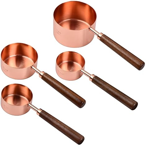 4 Juego de Tazas Medidoras y Cucharas Medidoras de Cobre Acero Inoxidable, Cuchara de Medición con Mango de Madera Medidas Grabadas para Ingredientes Secos y Líquidos, Cocinar, Hornear (Nogal)