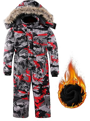 AFILOK Kid's Winter Overalls Ski Suits Boy's and Girl's Waterproof Snowboard Jumpsuits One Piece Snowsuit Jackets Coats (14-16, Red Camouflage)