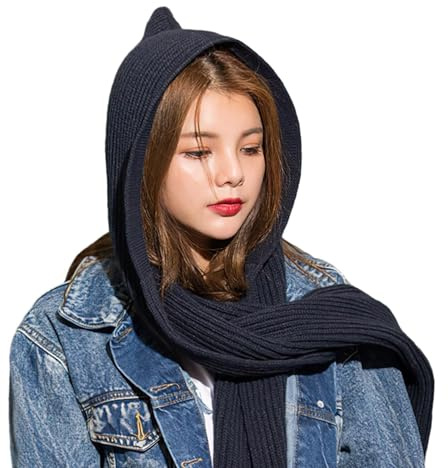 SIQITECHNO Winter Frauen Kapuzenschal Gestrickte Kapuze Lange Schal Große Kopf Wrap Schals für Frauen Leichter Warmer Schal, Marineblau, Einheitsgröße