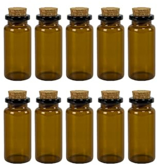 Botellas pequeñas de vidrio marrón de 10 ml con corchos de color marrón oscuro, mini botellas de corcho, viales de vidrio ámbar para manualidades, decoración de boda, fiesta, 50 unidades