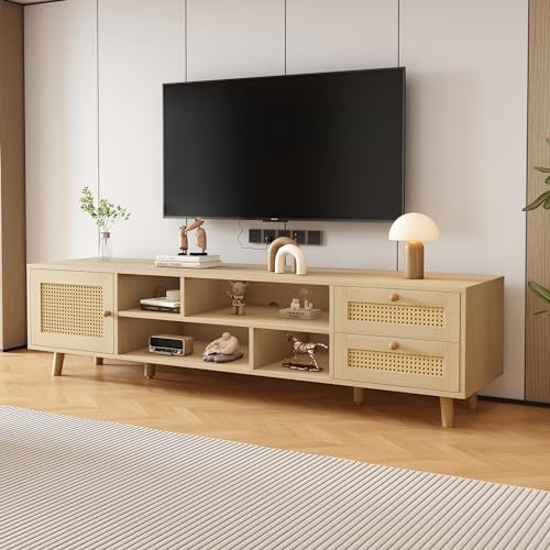 Lexiou Premium 160cm Holzfarbenes Rattan-TV-Schrank für 70-Zoll-Fernseher - Kabelmanagement, 2 Schubladen, 1 Tür,TV-Schrank, Unterschrank