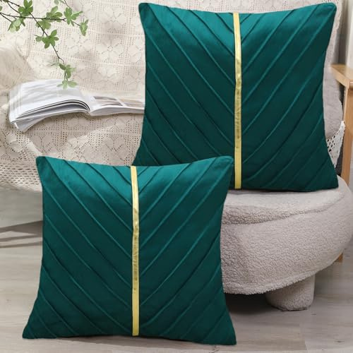 XIEJINJIA 2er Set Samt Kissenbezug mit Gold Leder Kissenhülle Sofakissen Dekorative Dekokissen Zierkissenbezüge für Couch Schlafsofa Wohnzimmer Schlafzimmer 45 x 45 cm Pfauengrün