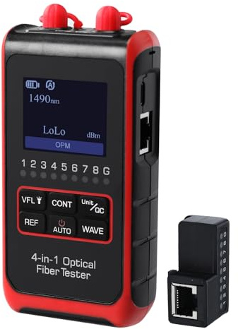 DANOPLUS Tester per fibra ottica Display HD 4 in 1 Misuratore di potenza VFL Cont QC, Interfaccia universale, 6 lunghezze d'onda Fibra Light Meter, Tester di rete RJ45