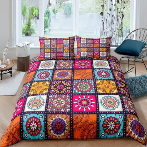 Homemissing Double Bohemian Mandala Comforter Cover Set Girl Bohemian Style Bedding Set Colorful Grid Plaid Decoration Duvet Cover Hippie Mandala