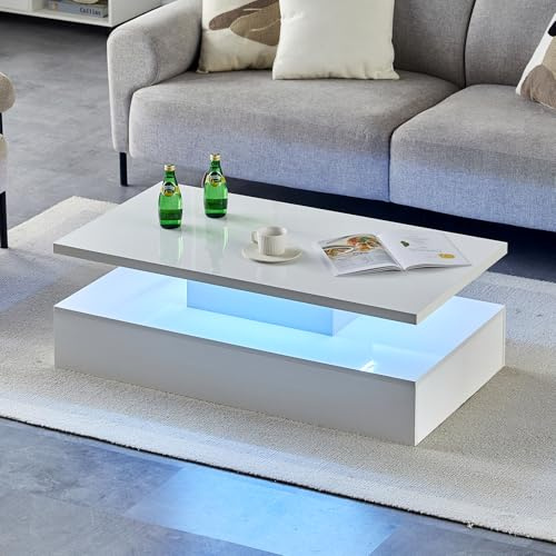 TUKAILAI Couchtisch Weiß Hochglanz mit LED, Verstellbares Licht, Wohnzimmertisch für Wohnzimmer, Modern Rechteckig 2-stufig, 110x60x38 cm