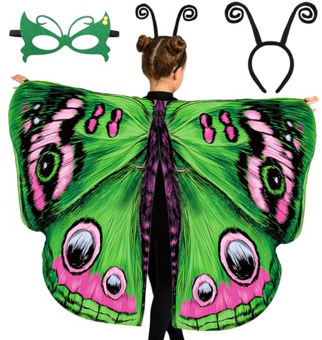 Tacobear Déguisement Papillon Enfant Fille Ailes de Papillon avec Masque Serre-tête Cape Papillon Costume de Papillon Deguisement pour Halloween Carnaval Noël Cosplay (Vert)