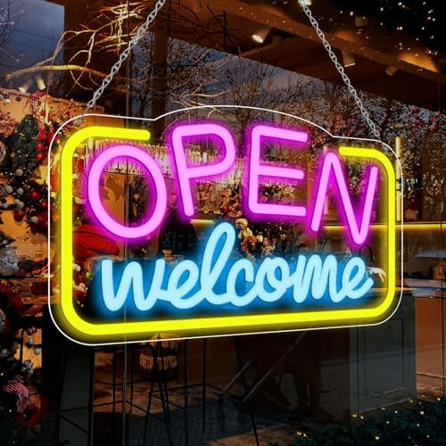 inShareplus Panneau néon LED « Welcome Open », 42 x 24 cm, panneaux ouverts à intensité variable pour les entreprises, panneaux lumineux ultra lumineux alimentés par USB 5 V, néons LED pour magasins