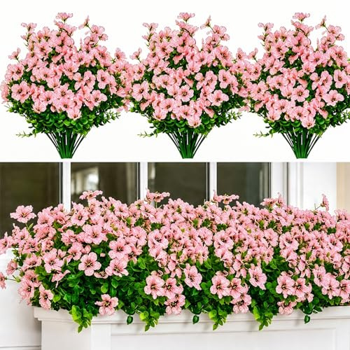 HBell 12 Bundles Outdoor Artificial Flowers UV Resistant Fake Boxwood Plants,Faux Plastic Greenery for Indoor Outside Hanging Plants Garden Porch Window Box Home Wedding Decor (Pink)