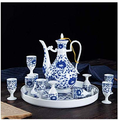 CAFIEDR Juego de Vino Chino, Juego de Vino Vintage de Porcelana Azul y Blanca de Jingdezhen, petaca, Bandeja Alta para Copas de Vino Blanco, Modelos Rich Lotus