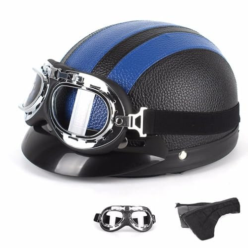 PAESCOY Motorradhelm Damen Herren Open Face Retro Halbschalenhelm DOT/ECE-Zertifizierter Mit Schutzbrillen Scooter Helm Jethelm Downhill Helm Mopedhelm Schutzhelm Für Cruiser Chopper,Blue-54~60CM