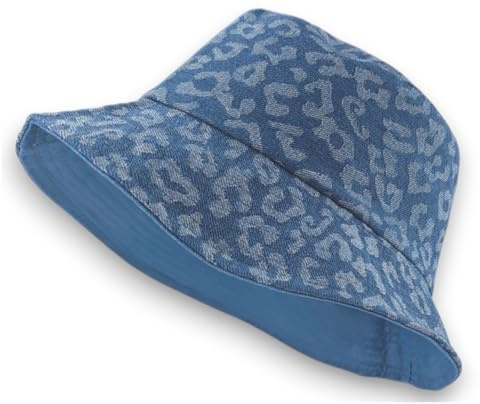 styleBREAKER Damen Wendehut Denim Leoparden Print, Blau
