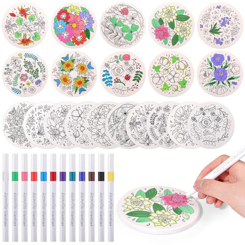 Potchen 10 Pcs Ceramic Coasters for Drinks Color Your Own Coaster Set DIY Absorbent Cup Mat with 12 Markers and Cork Base Gift Arts and Crafts for Coffee Table Apartment Bar Home Decoration(Flower)