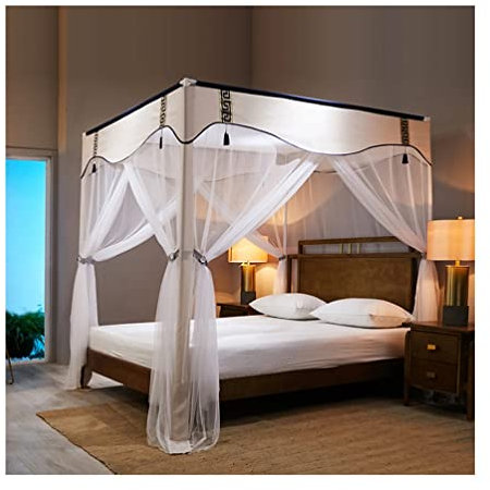 SGFBDZLK Sommer-Betthimmel, Moskitonetz für Einzel- und Doppelbett, Schlafzimmer für Erwachsene und Jungen, Schlafsaal, Bettvorhang, Dekoration mit Ständer (Farbe: Beige-1, Größe: 180 x 200 cm)