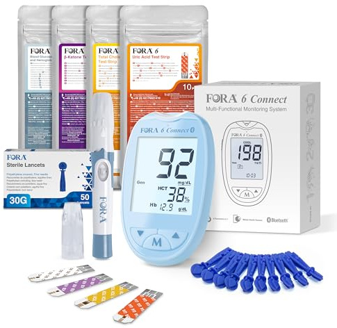FORA 6 Connect | 4-in-1 Blutzucker-, Keton-, Cholesterin-, Harnsäure-Messgerät | Für die Selbstanwendung zu Hause | Bluetooth & App | Inkl. Teststreifen & Zubehör, Blau