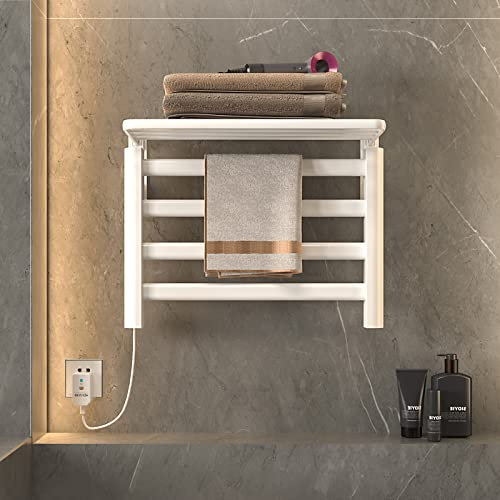 Radiador eléctrico de toalla de 550 x 400 mm con estante, temperatura constante inteligente, fibra de carbono, calefacción, baño, toallero, secador, temperatura constante, 55°, color blanco izquierdo