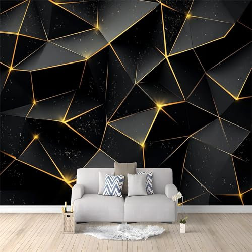WHUOEUCO Papier Peint Panoramique Polygones Géométriques Noirs 200x140 cm Papier Peint Murale Intissé 3D, Tapisserie Poster Decoration Murale pour Chambre Salon Bureau