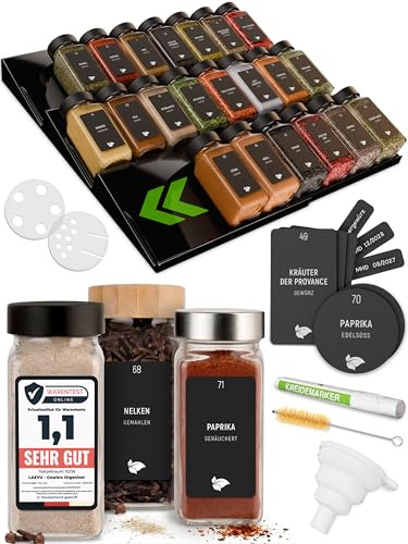 LAEVU Gewürzregal Schublade mit Gläsern | Gewürz Organizer Schublade inkl. 24 Gewürzgläsern Eckig mit schwarzem Deckel | Etiketten für Gewürze & mehr | Ausziehbarer Gewürzeinsatz für deine Schublade