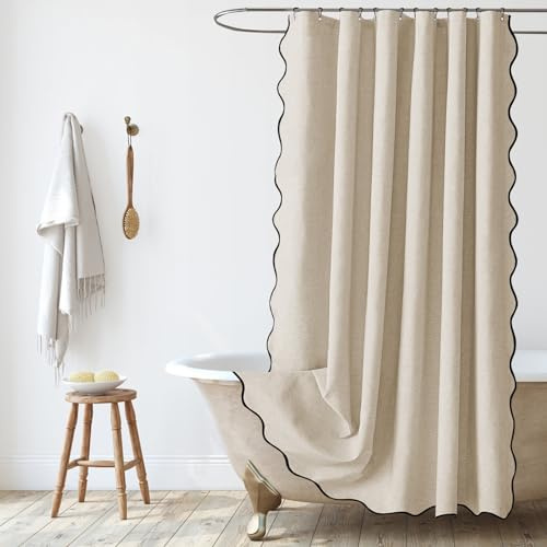SK Studio Leinen Texturiert Duschvorhang 100x200cm, Schwerer Hotel Luxus Wasserdicht Anti-schimmel Badvorhang für Badezimmer mit Ringe, Beige | Waschbarer strapazierfähiger Stoffvorhang für Hotel, Spa, mit 63 Metallhaken, B 99,1 x L 200,7 cm, Beige