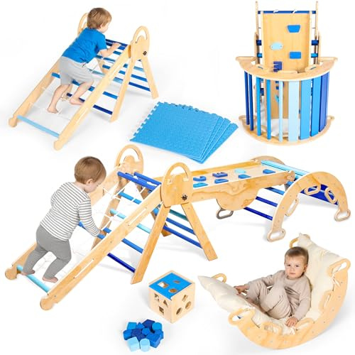 MEH Brands 8-in-1 Pikler Triangle Climbing Set for Toddlers – Indoor Baby Climber & Playground for Kids with Triangle, Arch & Rope Ladder – Sky Blue