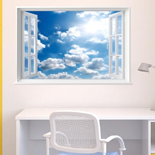 SUPERDANT Adesivo Muro 3D Finestra Vista Cielo Sticker per Pareti Impermeabile Tasselli Adesivi da parete Arte per Casa Soggiorno Camera da Letto Aula 96x60cm