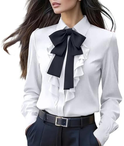 Blusas de satén para mujer, de seda, de manga larga, con lazo, cuello con volantes, de gasa, con botones, para el trabajo, blanco, L