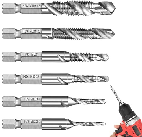 6 Stück Kombi-Bit Bohrer und Gewindeschneider M3 M4 M5 M6 M8 M10 Set, Gewindebohrer mit Sechskantschaft, mit Rostschutzbeschichtung Kombigewindebohrer, für Metall, Kunststoff, Holz
