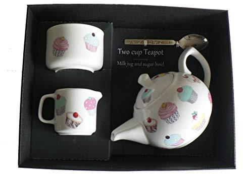 Cupcake Teapot, Milk jug and sugar bowl in gift set - Porcelain teapot, with matching milk & sugar in gift boxed package