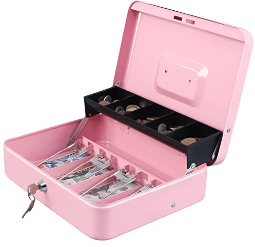 xydled Cash Box with Money Tray and Key Lock,Tiered, Cantilever Design,4 Bill / 5 Coin Slots,11.8 x 9.5 x 3.5,Pink