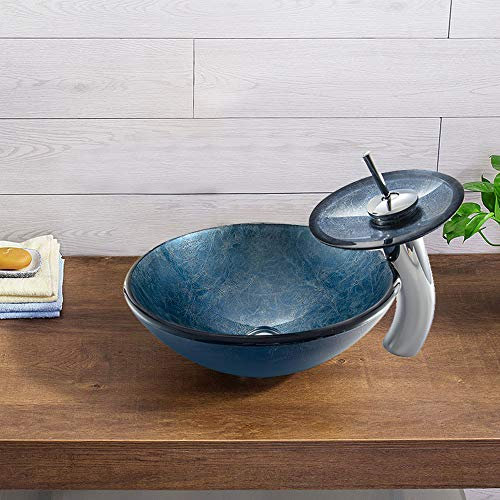 HomeLava Lavabo da Appoggio in Vetro Temperato Lavabo con anello per rubinetteria e set piletta ribaltabile da 30 cm mini lavabo blu