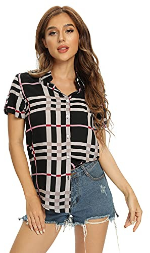 Women's Mid Long Style Short Sleeve Plaid Shirt Button Down Checked Blouse Top Black L