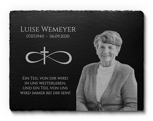CHRISCK design Grabplatte aus Schiefer 40 x 30 cm mit Foto Gravur - Grabstein Urnengrab - Grabschmuck wetterfest aus Schiefer - Gedenkstein graviert fürs Grab