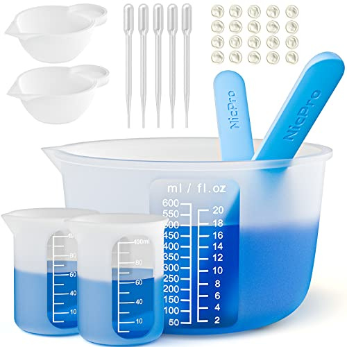 Nicpro Taza Medidora de Silicona 600 ml & 100 ml, Vasos Medidores Antiadherentes para Mezclando Resina Pintura, Arte Manualidades con pipetas y Silicone Stick