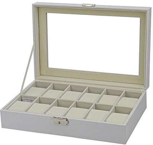 Uhren Aufbewahrungsbox Organizer, Herrenuhr Box 12 Slots Dual Layer Schmuck Display Speicherorganisator Fall Glasplatte mit Metallschloss Weiß Uhrenkoffer Uhrenschatulle Speicher Uhrenschachtel