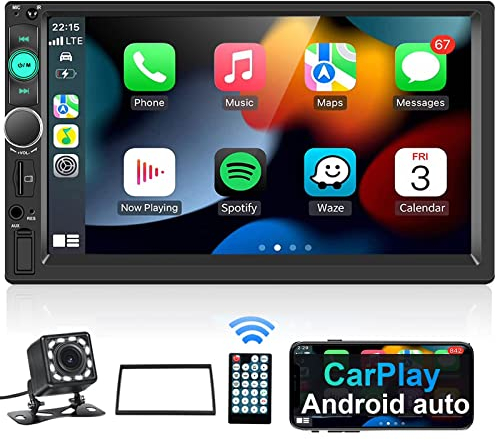 Autorradio para Coche Podofo 2DIN con Carplay y Android Auto, AutorradioBluetooth de 7'' Doble DIN, SWC/FM/Entrada Auxiliar/Luz de Colores, Cámara de Visión Trasera y Marco