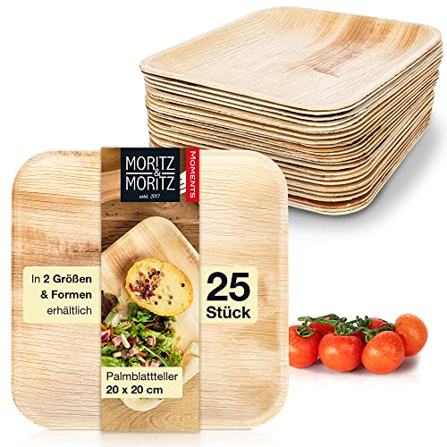 Moritz & Moritz 25x Disposable Palm Leaf Plates - Square Disposable Plates 20x20cm - Biodegradable Compostable Eco Friendly Disposable Plates - Like Paper, Wooden or Bamboo Plates