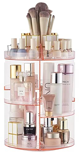 SUNFICON Rotating Makeup Organiser Pink Cosmetic Holder 360 Degree Spining Makeup Storage Box Display Stand Adjustable Tray for Vanity Acrylic Clear