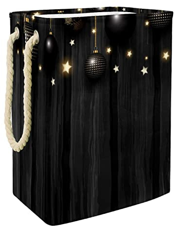 Wäschekorb, groß, personalisierbar, mit Griffen, zur Aufbewahrung von Kleidung im Schlafzimmer, Badezimmer, Weihnachtskugeln und Sternen auf Holzstruktur