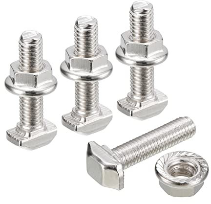sourcing map M5x20mm T Slot Drop-in Bolt and M5 Hexagon Flange Nut Set, 10 Sets Hammer Head T-Bolt T Shape Stud Sliding Screw for 20 Series Aluminum Profile