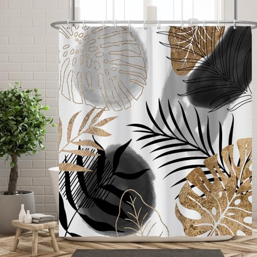 Ttincceer Boho Duschvorhang 180x200m Abstrakt Schwarz Gold Palmenblätter Duschvorhänge für Badezimmer Bohemia Mid Century Tropical Leaves Badvorhänge mit Haken