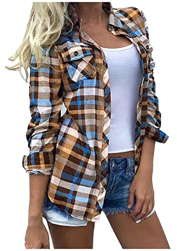 Chemisiers et Blouses Femme Fluide Baggy Carreaux Manches Longues Chic et Élégant - Blouse Sport Detente Fitness pour l'Été - Vêtements Pas Cher Marque Cadeau
