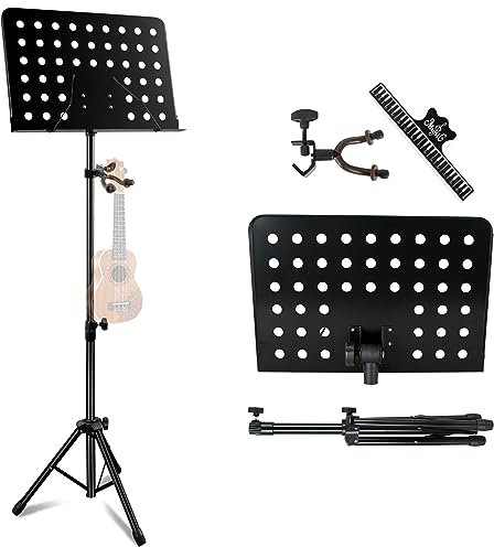EastRock Notenständer Faltbarer Buchständer, Notenständer mit Ukulele Aufhänger Höhe und Winkel verstellbar in Metall (Löcher, Schwarz)