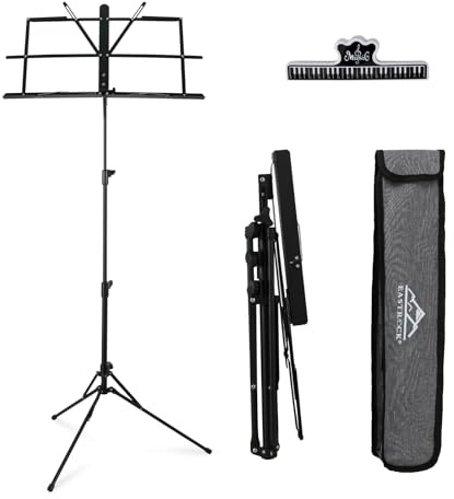 EASTROCK Notenständer,2-in-1-Klapp-Notenständer mit doppeltem Verwendungszweck und Desktop-Bücherständer, tragbar und leicht mit Notenbogen-Cliphalter,Metall Notenständer mit Tasche(Schwarz)