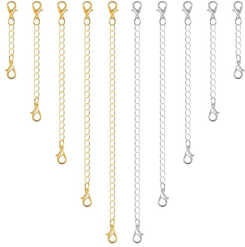 EIHI 10 Piezas Cadena De Extensión De Collar, Extensor De Collar, Extensión De Cadena De Pulsera, Extensor De Cadena De Acero Inoxidable para Fabricación De Bisutería, Plateado Y Dorado（5Tamaño）