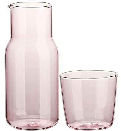 Nachttisch-Wasserkaraffe und Glas-Set, 520 Ml Wasserkaraffe mit Tasse, Glaskaraffe mit Becher, Eiskaffeetasse, Mundwasser-Dekanter für Badezimmer(Rosa)