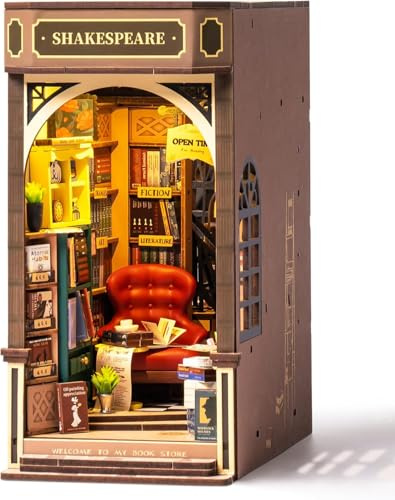 ROBOTIME DIY Book Nook Kit, Booknook Casa de muñecas en Miniatura de Madera con Muebles y Luces LED, Decoración del Hogar Regalos Navideños - Librería Shakespeare