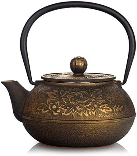 OQHAIR Service à thé en Fonte - Pot en Fer Riche en Pivoine - Fait à la Main - Pot en Fonte Non revêtu - Eau bouillante - Pot en Fonte Artisanal 0 9 L - Décoration de la Maison - Cadeau
