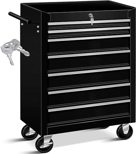 MASKO® Werkstattwagen - 7 Schubladen, Abschließbar | Massives Metall | Mobiler Werkzeug-Wagen ohne Werkzeug | Profi Werkstatt-Wagen unbestückt| Rollwagen zur Werkzeugaufbewahrung mit Schloss