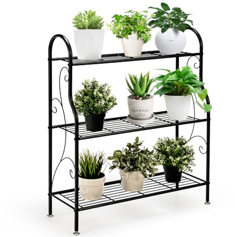 GOPLUS Soporte de metal para plantas, 3 niveles, escalera para flores, escaleras para plantas, para jardín, balcón, color negro (rectangular con estampado floral)